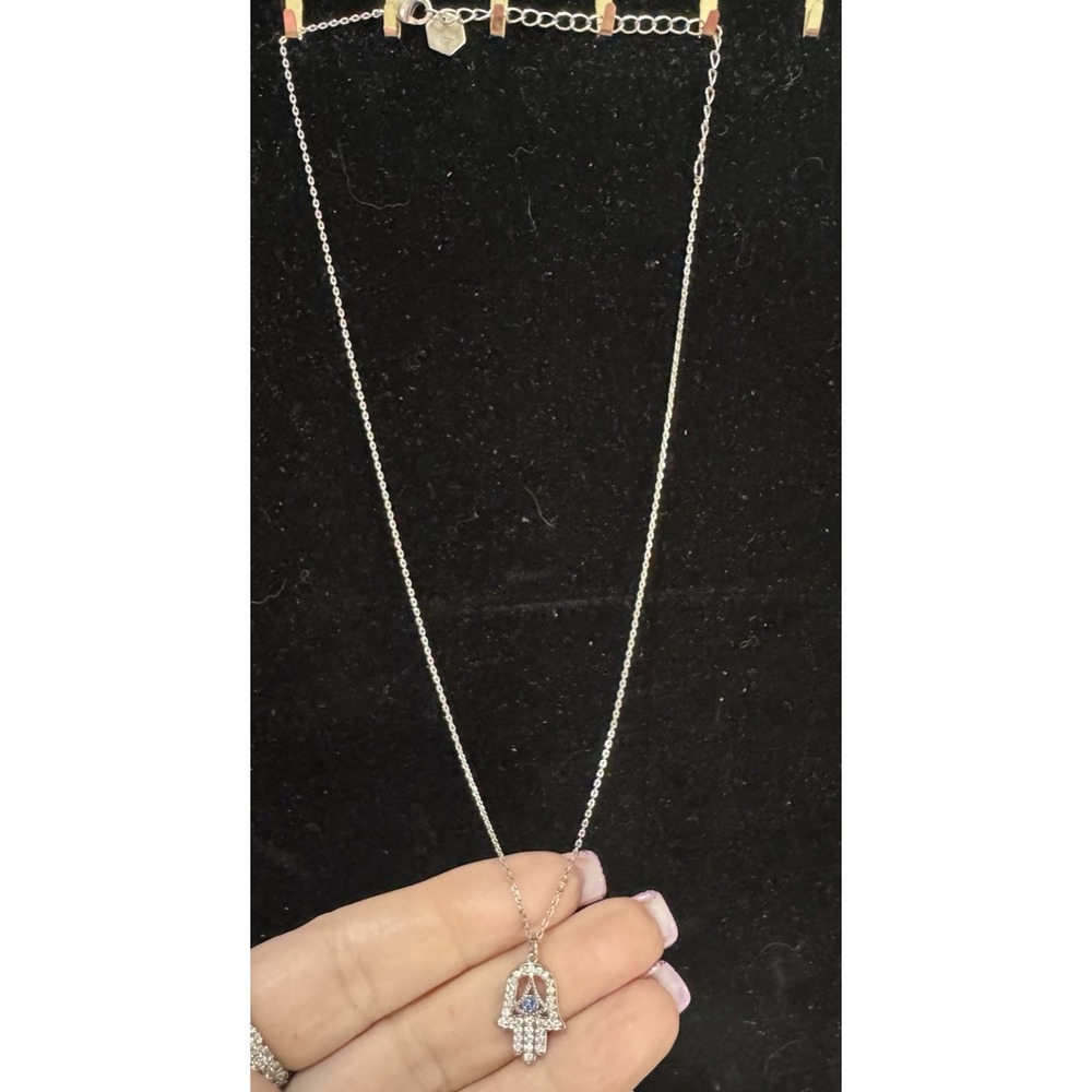 Touchstone Crystal Hamsa Necklace Clear Blue Crystal Rhodium‎ Plated 18" New